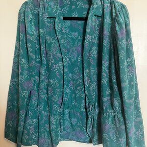 Vintage Silk Teal blouse with lavender floral patterns